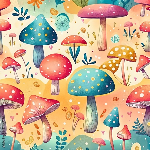 A seamless pattern with mushrooms and flowers. photo