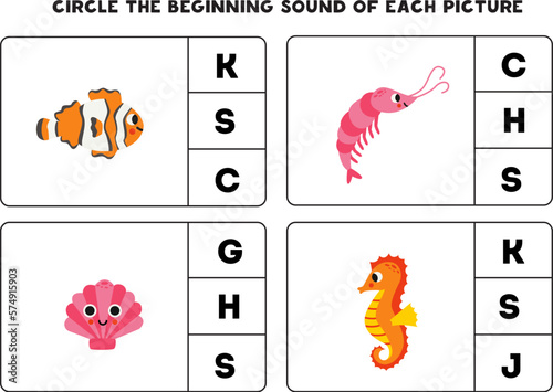 Worksheet for kids. Find the beginning sound of cute sea animals.