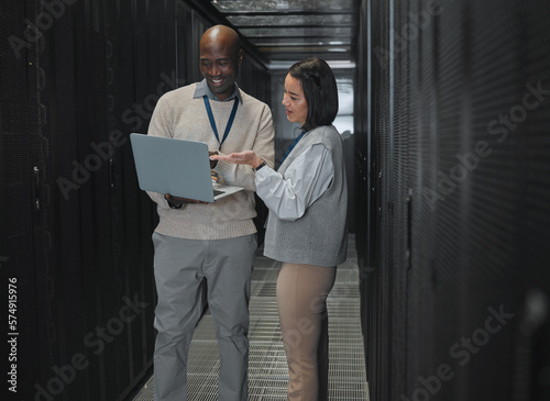 Server room, teamwork or people on laptop consulting on software management, system upgrade or cyber security. Network technician, engineer or programmer staff for information tech or programming