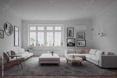 Stylish scandinavian living room with design mint sofa  furnitures  mock up poster map  plants and elegant personal accessories. Modern home decor. Bright and sunny room. Generative AI illustration.