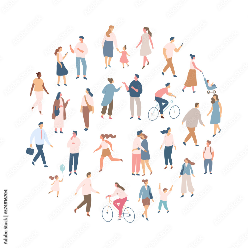 Different People silhouette vector set. City crowd. Male and female flat characters isolated on white background.