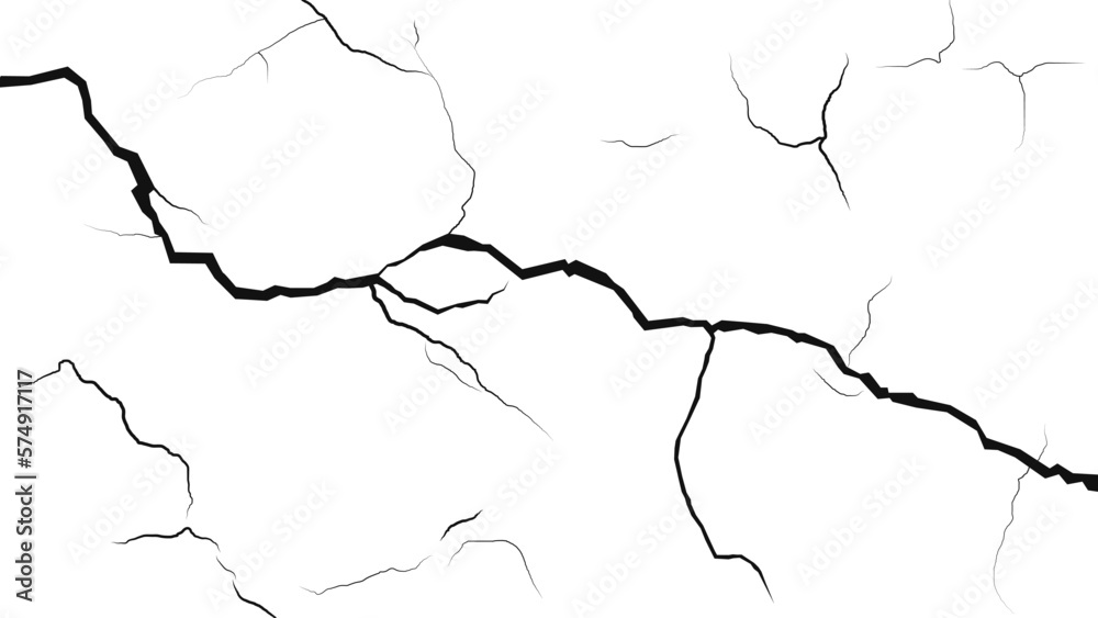 Cracks in the walls, isolated on white background, caused by an earthquake. Crack surface, broken collapse illustration. background, wallpaper