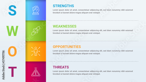 SWOT Analysis Infographics Diagram in Circle and Road with Arrow. Business Advantages and Disadvantages. Colorful Presentation Template for Planning, Management, and Evaluation of Project.