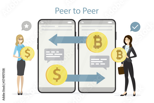 Peer to peer business communication, P2P banner. People send and receive money, secure exchange from currency to bitcoin. Business women holds dollar and cryptocurrency.