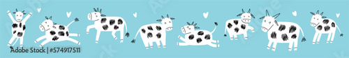 Horizontal, vector illustration with cows drawn by hand in doodle style
