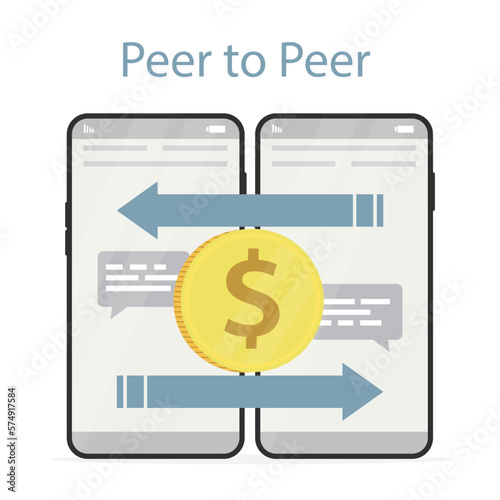 Peer to peer business communication, P2P banner. People send and receive money, secure exchange from currency to bitcoin or cryptocurrency. Mobile phones with cryptocurrency app.