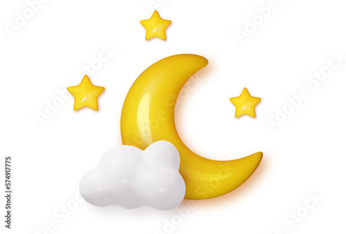 Glossy crescents witch stars and white glossy clouds isolated on white background. Png, Realistic 3d vector illustration.