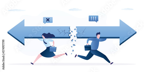 Business partners run with big arrow in different directions. Arrow is broken. Conflict, choice right way business development. Team leadership competition. Divorce, family problems, quarrel.