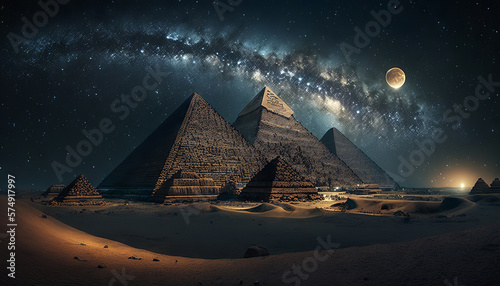 Night view of the Pyramids of Giza and the Milky Way. Generative AI