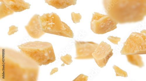 Flying pieces of parmesan cheese isolated on transparent background png