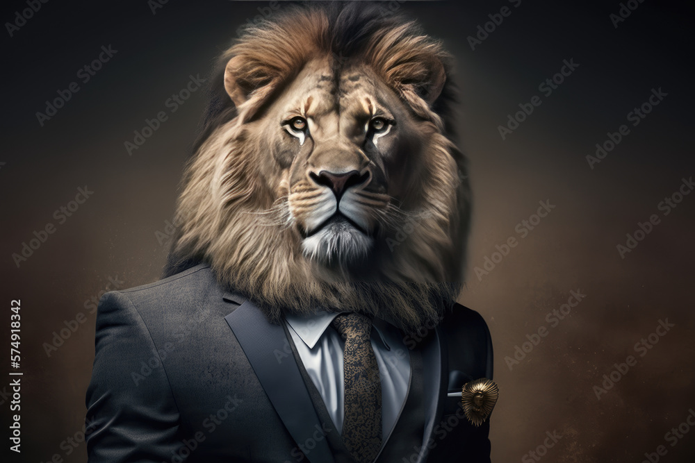 Portrait of a lion with a crown dressed in a formal business suit ...
