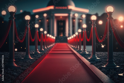 Red carpet and barriers . Ai art. VIP event, luxury celebration. Celebrity party entrance. Grand opening. Shiny fencing . Cinema premiere