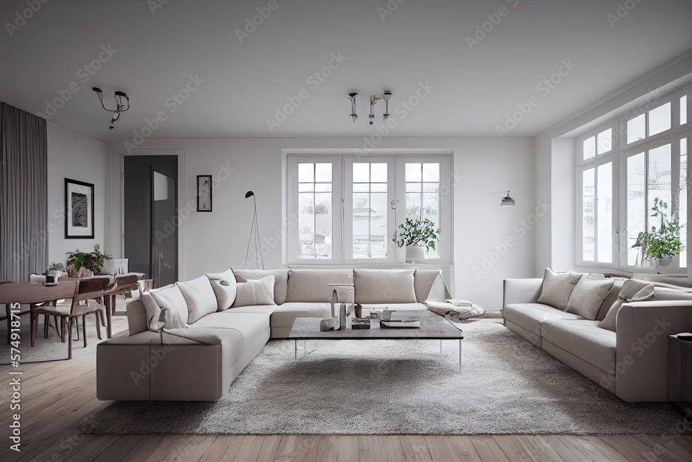 Fototapeta premium Stylish scandinavian living room with design mint sofa, furnitures, mock up poster map, plants and elegant personal accessories. Modern home decor. Bright and sunny room. Generative AI illustration.