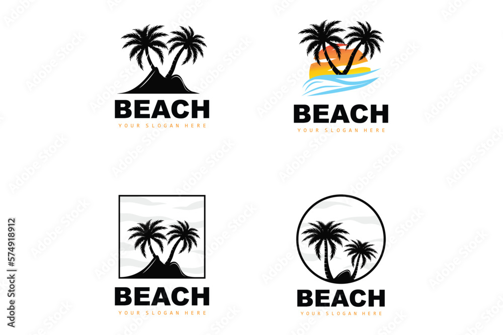 Obraz premium Coconut Tree Logo With Beach Atmosphere, Beach Plant Vector, Sunset View Design