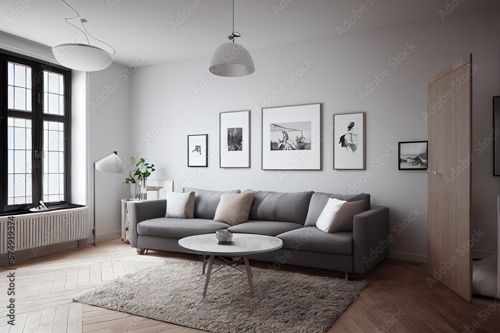 Fototapeta premium Stylish scandinavian living room with design mint sofa, furnitures, mock up poster map, plants and elegant personal accessories. Modern home decor. Bright and sunny room. Generative AI illustration.