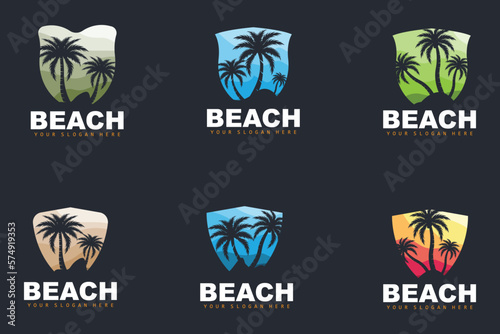 Coconut Tree Logo With Beach Atmosphere, Beach Plant Vector, Sunset View Design