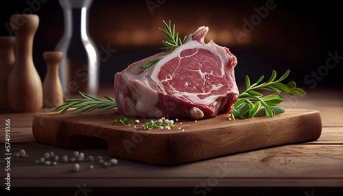 still life with a fresh piece of meat and lying on a wooden board beautiful evening lighting, generative AI photo