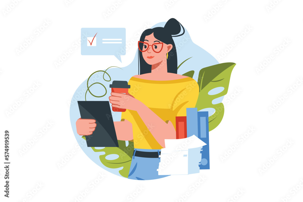 Secretary concept with people scene in the flat cartoon style. Secretary makes coffee for the director and prepares documents. Vector illustration.