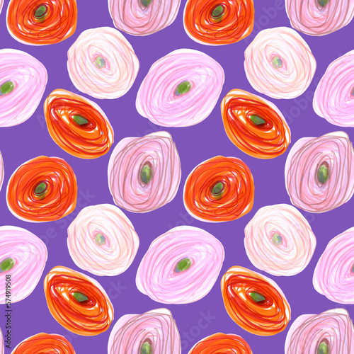Seamless pattern of hand drawn Ranunculus flowers. Drawn by markers illustration. Botanical hand painted floral elements on lilac background.