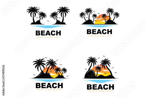 Coconut Tree Logo With Beach Atmosphere, Beach Plant Vector, Sunset View Design © Mayliana