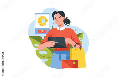 Online shopping concept with people scene in the flat cartoon design. Woman received her purchases and wants to order more clothes with discounts. Vector illustration.