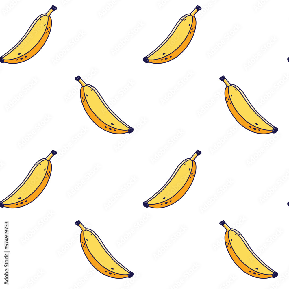 Cute yellow Banana seamless pattern in doodle style. Vector hand drawn cartoon Banana illustration.
