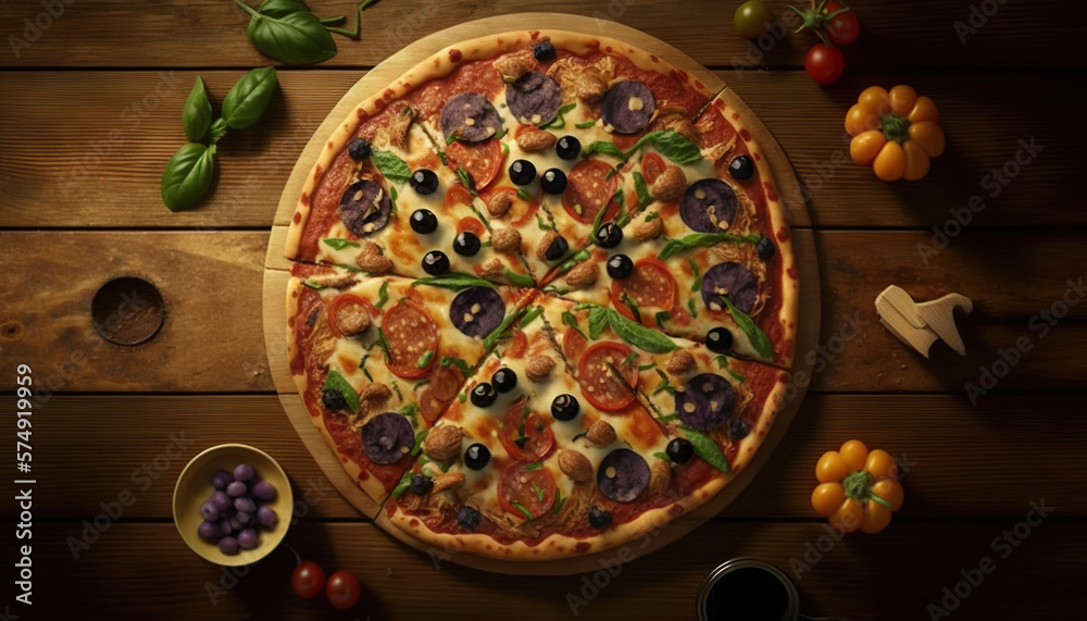 Fresh pizza with tomatoes, cheese and mushrooms on wooden table closeup. Generative AI