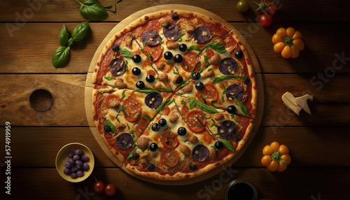 Fresh pizza with tomatoes, cheese and mushrooms on wooden table closeup. Generative AI