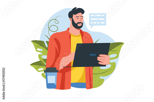 Programming concept with people scene in the flat cartoon style. Programmer works on writing code for programs and drinks coffee in the office. Vector illustration.