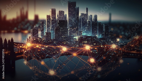 Network and Connection technology concept with city background. Generative AI © Putra