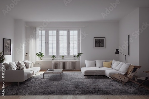 Stylish scandinavian living room with design mint sofa  furnitures  mock up poster map  plants and elegant personal accessories. Modern home decor. Bright and sunny room. Generative AI illustration.