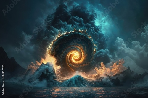 When Fire Meets Water The Terrifying Collision of a Fire Tornado and the Open Ocean Cthulhu emerges from the waters Generative AI photo