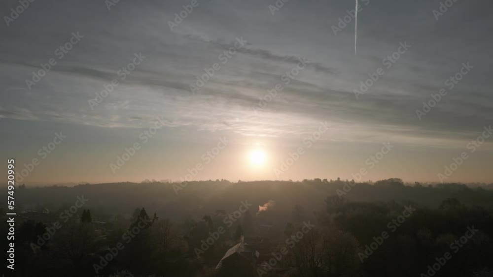 Sun Over Misty Winter Landscape Aerial Slow Motion Warwickshire UK Sun Over Misty Winter Landscape Aerial Slow Motion Warwickshire UK