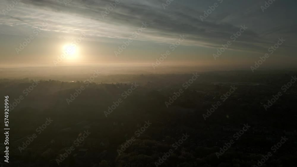 Sun Above Misty Landscape Aerial Warwickshire UK Sun Above Misty Landscape Aerial Warwickshire UK