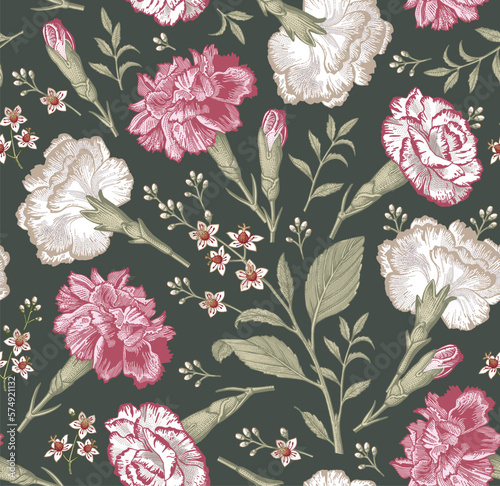 Seamless pattern carnation clove. Beautiful blooming realistic isolated flowers. Vintage background fabric wildflowers. Wallpaper baroque Drawing engraving sketch Vector illustration