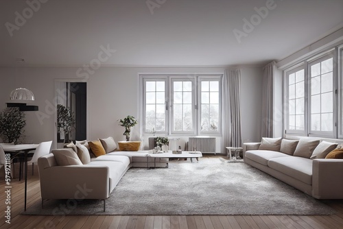 Stylish scandinavian living room with design mint sofa  furnitures  mock up poster map  plants and elegant personal accessories. Modern home decor. Bright and sunny room. Generative AI illustration.