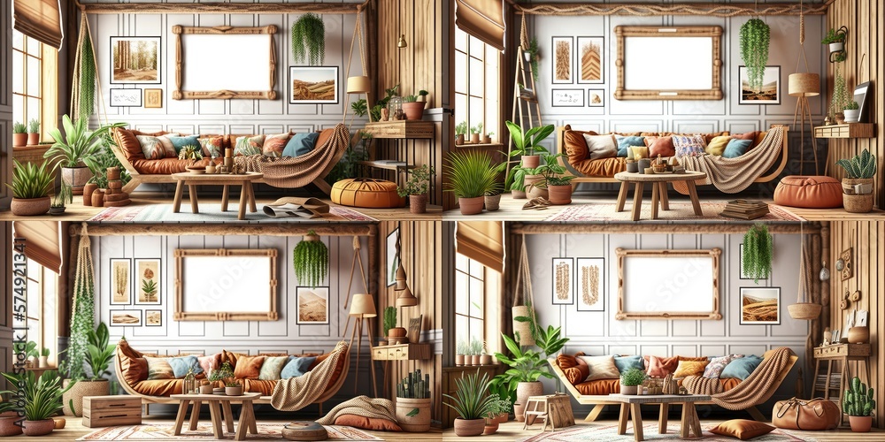 Stylish scandinavian living room with design mint sofa, furnitures, mock up poster map, plants and elegant personal accessories. Modern home decor. Bright and sunny room. Generative AI illustration.