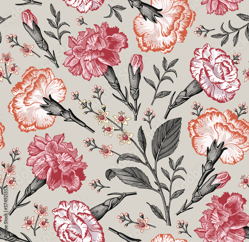 Seamless pattern carnation clove. Beautiful blooming realistic isolated flowers. Vintage background fabric wildflowers. Wallpaper baroque Drawing engraving sketch Vector illustration photo