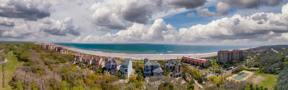 Amazing  panoramic aerial view of Amelia Island from drone at dusk, Florida - USA