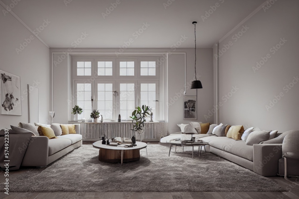 Stylish scandinavian living room with design mint sofa, furnitures, mock up poster map, plants and elegant personal accessories. Modern home decor. Bright and sunny room. Generative AI illustration. Stylish scandinavian living room with design mint sofa, furnitures, mock up poster map, plants and elegant personal accessories. Modern home decor. Bright and sunny room. Generative AI illustration.