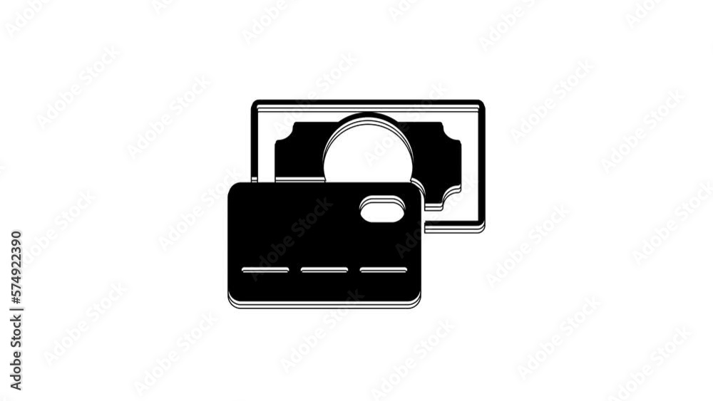 Black Credit card icon isolated on white background. Online payment. Cash withdrawal. Financial operations. Shopping sign. 4K Video motion graphic animation Black Credit card icon isolated on white background. Online payment. Cash withdrawal. Financial operations. Shopping sign. 4K Video motion graphic animation