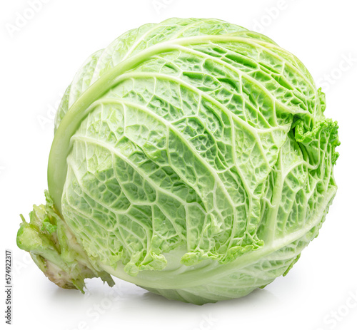 Fresh green savoy cabbage isolated on white background. File contains clipping path.