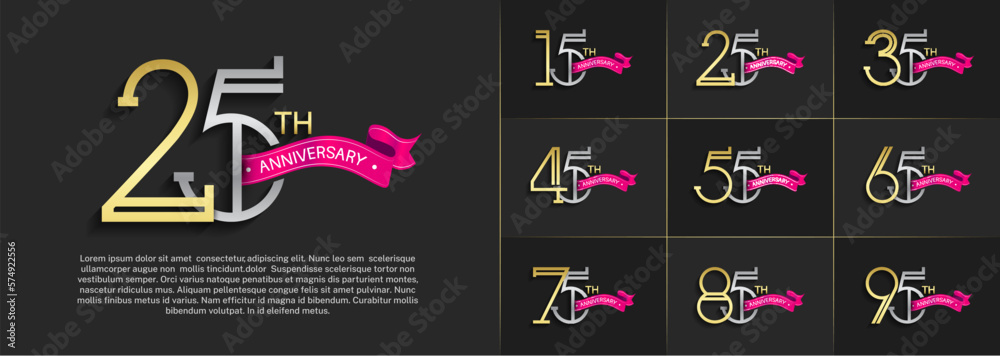 set of anniversary logotype silver and golden color with pink ribbon on black color background for special celebration event