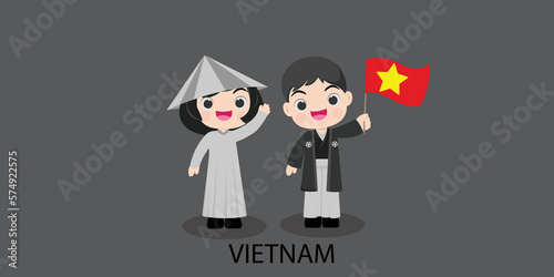 vietnam in national dress. Man and woman in traditional costume. Travel to Peru. People. Vector flat illustration. photo