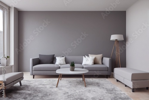 Stylish scandinavian living room with design mint sofa, furnitures, mock up poster map, plants and elegant personal accessories. Modern home decor. Bright and sunny room. Generative AI illustration. © Interior Stock Photo