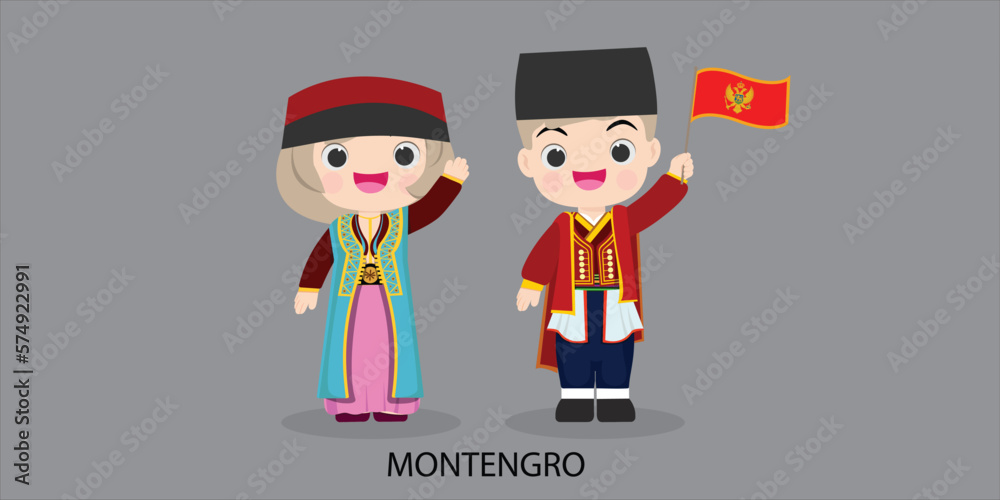 montengro in national dress with a flag. Man and woman in traditional costume. Travel to montengro. People. montengro in national dress with a flag. Man and woman in traditional costume. Travel to montengro. People.