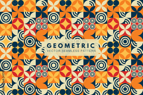 Neo geometric pattern. Colorful abstract shapes seamless pattern. Vector graphic trendy design. Grid square and circle shapes.
