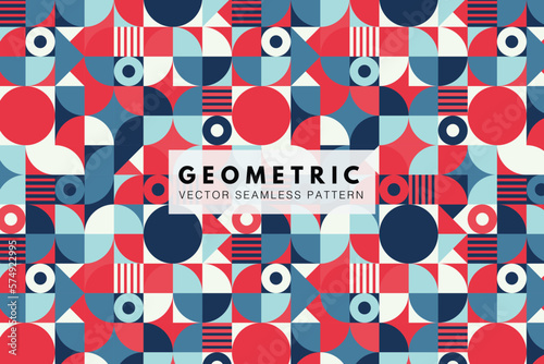 Neo geo seamless pattern. Colorful square and circle geometric shapes. Vector trendy red and blue colored abstract background