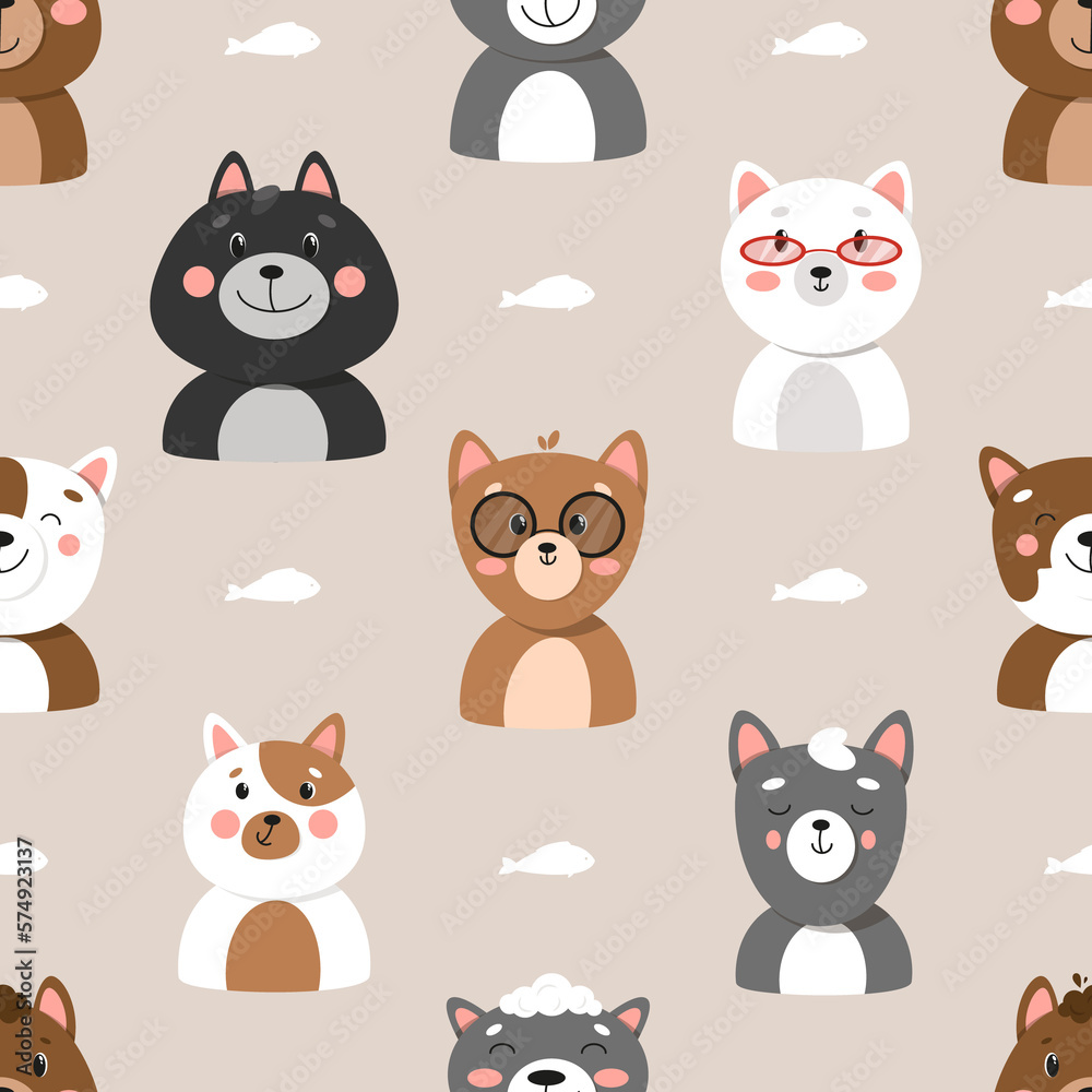 Set of different cats, seamless pattern with cats, cute pets pattern, different cats. illustration in flat style, cat face 