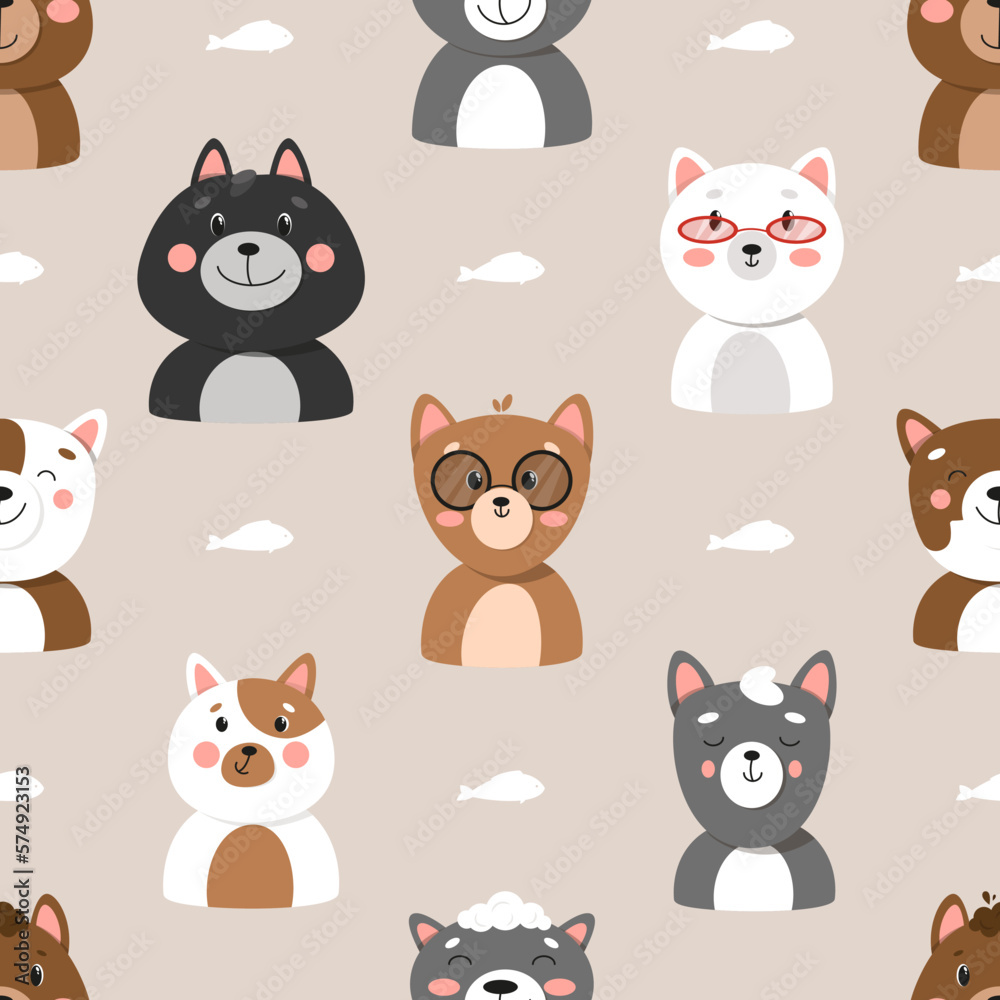 Set of different cats, seamless pattern with cats, cute pets pattern, different cats. illustration in flat style, cat face Set of different cats, seamless pattern with cats, cute pets pattern, different cats. illustration in flat style, cat face